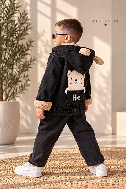 Babili Children's Teddy Bear Detailed Plush Hooded Denim Jeans Coat Set |   N...