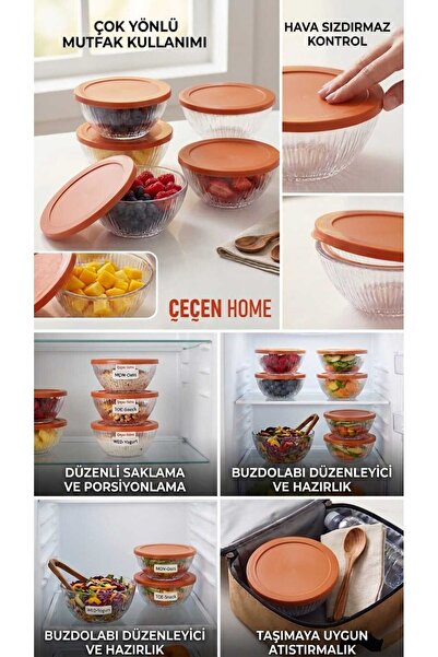 ÇEÇEN HOME Set of 4 Striped Glass Storage Containers with Red Lids, Portion C...