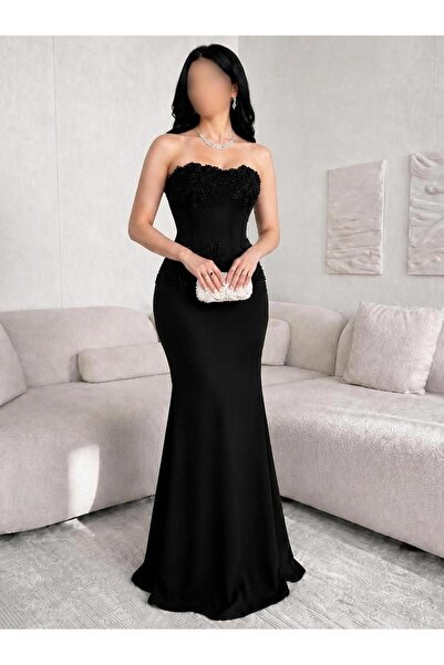 Olivia Style فستان سهرة نسائي أسود بتصميم كورسيه بدون أكمام وتطريز على الصدر ...