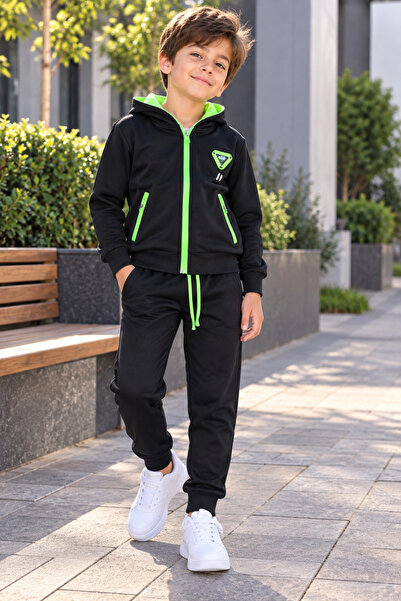 SERPİL Boys' Tracksuit Set – Black Neon Green Hooded Zip-Up Sweatshirt and Jo...