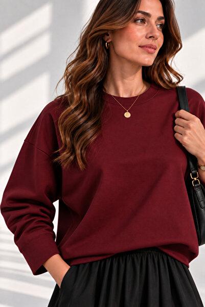 CNRCollection Kadın Bordo Sweat Modal Kumaş Bisiklet Yaka Günlük Basic Oversi...