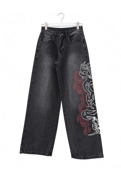 Köstebek Blugi din denim cu model tribal cu dragoni și aspect uzat
