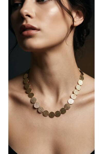 Beatis Women's Gold Color Round Plate Necklace Textured Disc Stringed Stylish...