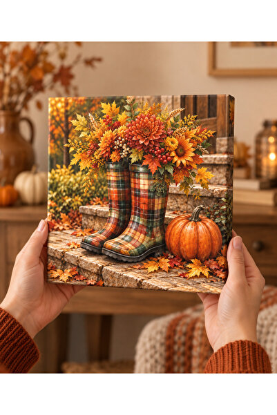 AlohamoraShop Ekose Çizme ve Sonbahar Çiçekleri Dekoratif Canvas Tablo 20x20 ...