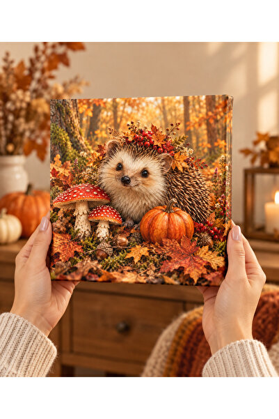 AlohamoraShop Sevimli Kirpi ve Balkabağı Sonbahar Temalı Dekoratif Canvas Tab...