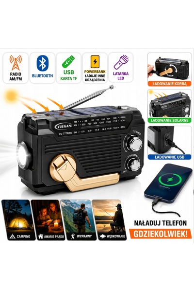 WS Radio solar cu coș de urgență, Bluetooth, USB, AM FM, lanternă LED și powe...