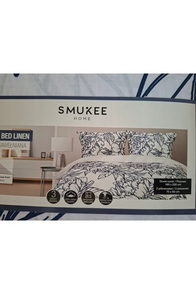 SMUKEE HOME Set de lenjerie de pat din bumbac, alb-bleu, 160x200, cu flori albe