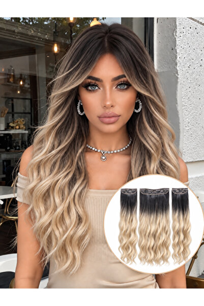 Lulu Bella Kadın Sarı Ombre 3 lü Set - Yarımay + 2 Yan Dalgalı Çıtçıtlı Posti...