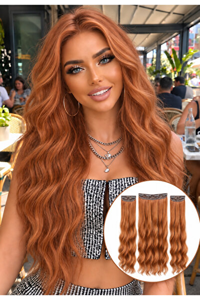 Lulu Bella Kadın Bakır 3 lü Set - Yarımay + 2 Yan Dalgalı Çıtçıtlı Postiş 60 ...
