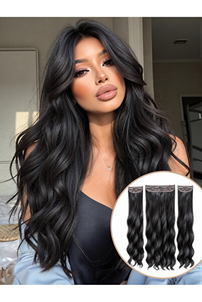 Lulu Bella Kadın Doğal Siyah 3 lü Set - Yarımay + 2 Yan Dalgalı Çıtçıtlı Post...