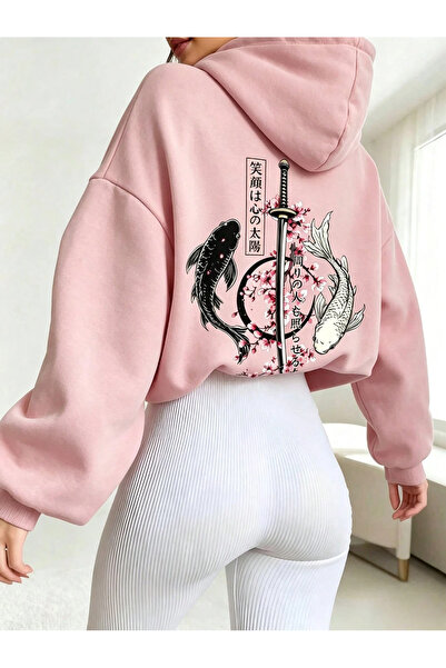 PALPİTO Women's Oversized Pink Japanese Print Hooded Sweatshirt