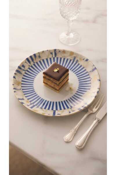 ÇEÇEN HOME Luxurious Blue Striped 4-Piece Porcelain Cake Plate Set – Stylish ...