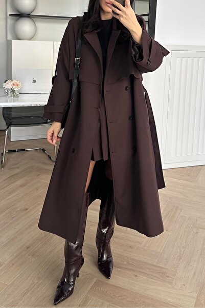 Suziş Oversize Polyviscon Long Trench Coat with Shoulder Apollets 9476
