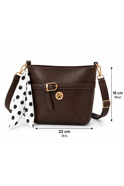 cantamella Women's Brown Polka Dot Scarf Detailed Shoulder and Crossbody Bag