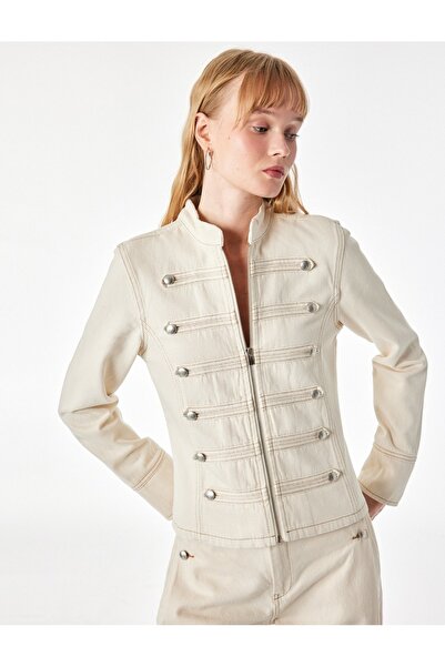 Koton Napoleon Buttoned Stand Collar Long Sleeve Denim Military Jacket