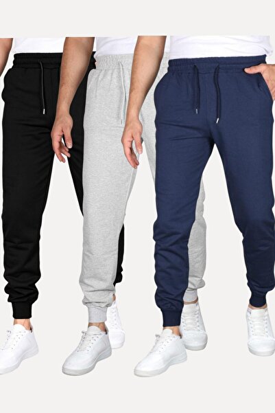 SURMARİ Set of 3 Unisex Regular Fit Ribbed Leggings in Black, Gray, Navy Blue...
