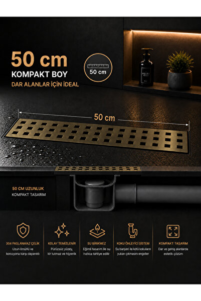 RALKEN 50 cm Lineer Dikdörtgen Duş Kanalı Antik Eskitme Renk Paslanmaz Çelik ...