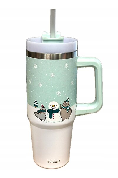 MPM Cană termică PUSHEEN 0,9 l verde mare cu pai Iarnă