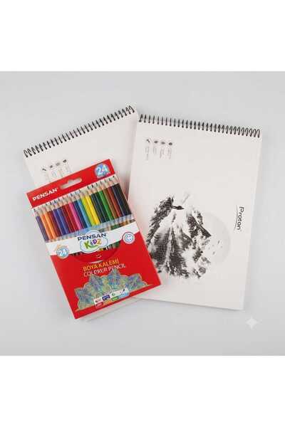 Pensan Kidz 24 Color Crayons + 2Pcs Proton 25X35 cm Spiral Drawing Notebook G...