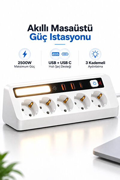 RAYLAX Akıllı Masaüstü Güç İstasyonu 2500W 5'li Priz 2 USB-A + 1 USB-C Hızlı ...