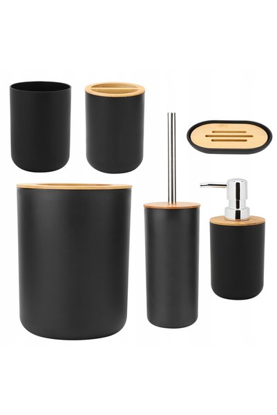 NO BRAND Set de 6 piese accesorii baie, negru-argintiu, coș, perie de toaletă