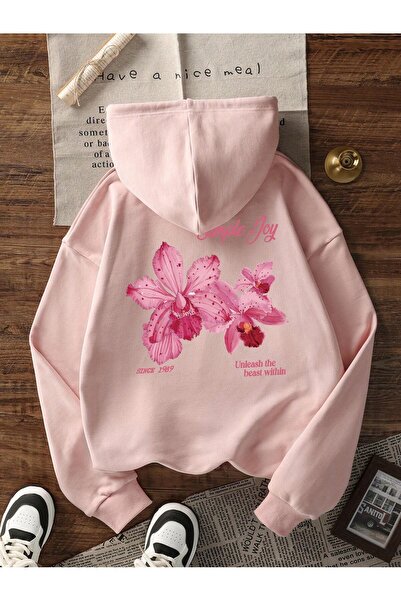 PALPİTO Women's Oversized Pink Floral Print Hooded Sweatshirt