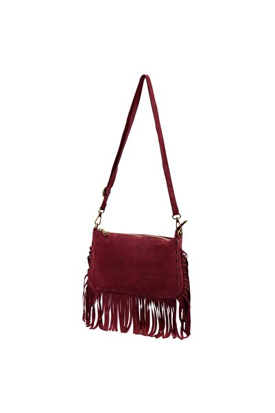 NO BRAND Geantă din piele întoarsă cu ciucure BOHO LUKA bordo