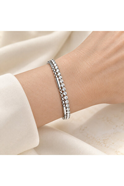 GlaMLo Accessories Double Stainless Steel Bracelet with Crystals, Adjustable ...