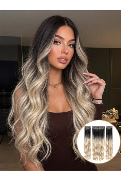 Lulu Bella Kadın Küllü Röfleli Sarı Ombre 3 lü Set - Yarımay + 2 Yan Dalgalı ...