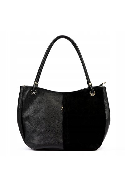 Vera Pelle Geantă shopper de damă din piele întoarsă, mare, A4 LUKA, neagră