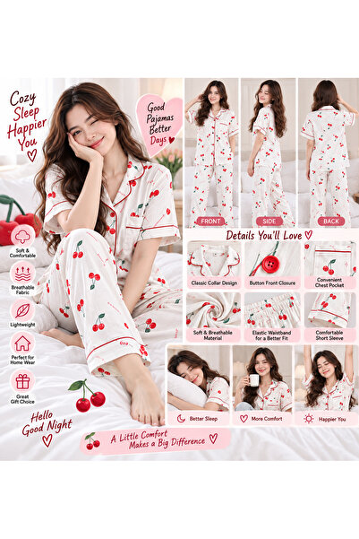 Lovisah Styles Women’s Cherry Print Pajama Set, 2-Piece Short Sleeve Button-Front Sleepwear with Collared Top and Long Pants, Cute Lounge Wear for Home