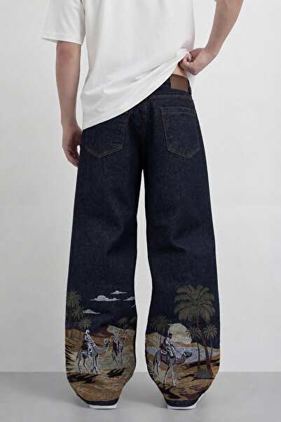 TWILIT Nakış Detaylı Premium Baggy Jean Kot Pantolon Raw - Lacivert