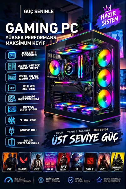 TOPLAMA GAMİNG RYZEN 7500X3D|ASUS PRİME B840 WİFİ| 32 GB ARGB DDR5 RAM|512 GB...
