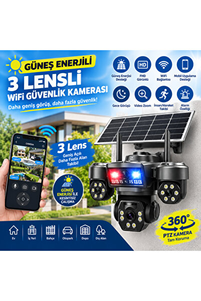 Solar Güneş Enerjili 3 Lensli WiFi Güvenlik Kamerası FHD 360° PTZ Kamera – Gece Görüşlü