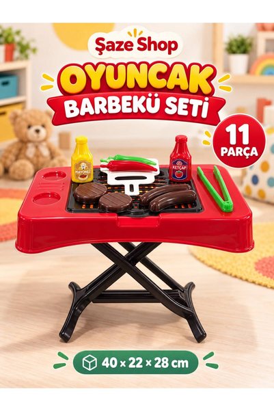 SAZE Şaze Shop 11 Parça Ayaklı Oyuncak Barbekü Mangal Seti Kırmızı 40 cm Aksesuarlı Evcilik Oyuncağı