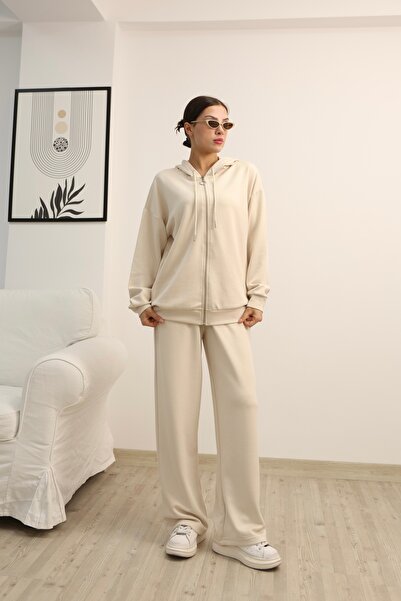 sportiness Oversize Hooded Zippered Wide-Legged Modal Fabric Sweat Suit