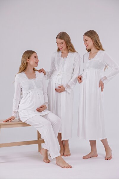 Yulem Homewear مجموعة بيجامات للحوامل والمرضعات من 4 قطع بأكمام طويلة وتفاصيل...
