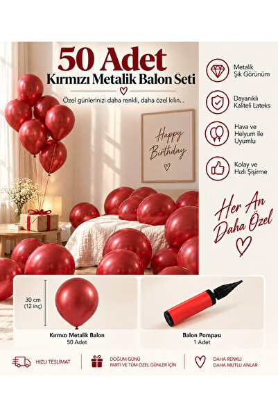 50 Adet Kırmızı Metalik Balon Seti + Balon Pompası
