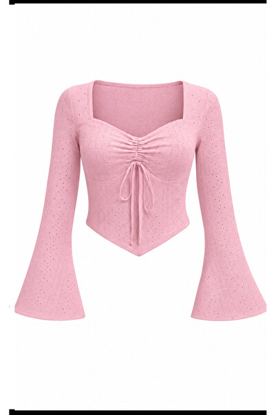 meren like your style Pembe Dantel Detaylı Uzun Kollu Mevsimlik Bluz Üst