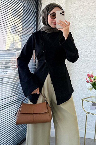 MELEK ARAZ Premium Side Buttoned Back Tie Blouse - Black