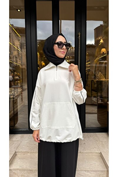Almarwah Black ALL-1005 Fermuar Detay Kadın Tunik Beyaz