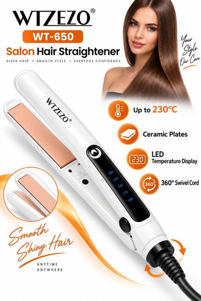 WTZEZO WT-650 Professional Hair Straightener – Up to 230°C, Adjustable Temperature, Rose Gold Plates, Long Power Cord – White