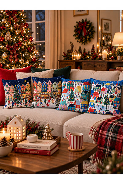 RahanDesign Christmas Themed Set of 4 Cushion Covers 43X43 cm – Double-Sided ...