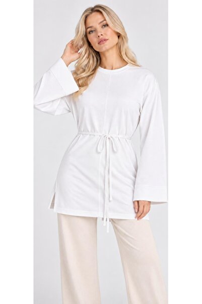 Trendingsize Textured Modal Tunic with Crew Neck and Waist Tie Detail