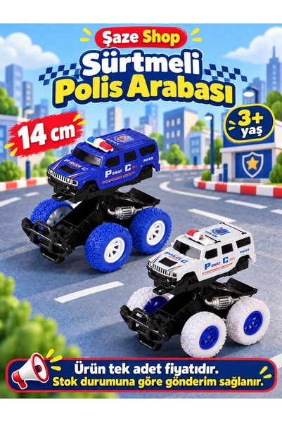 SAZE Şaze Shop Frictional Police Car 14 cm Big Wheel Toy Off-Road Vehicle Ages 3+