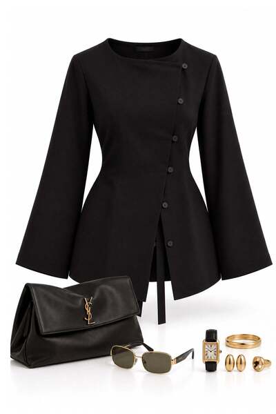 MELEK ARAZ Premium Side Buttoned Back Tie Blouse - Black