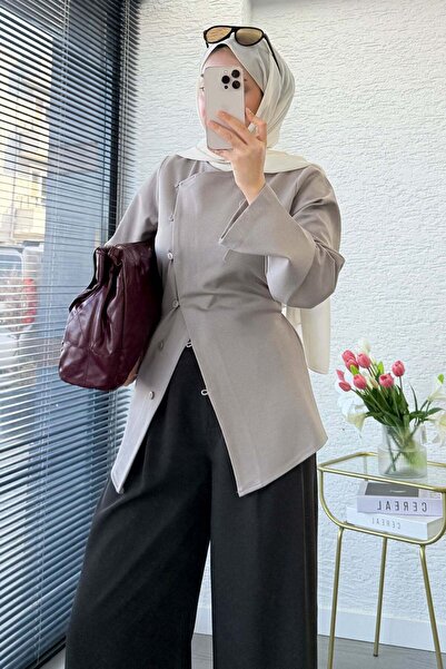 MELEK ARAZ Premium Side Buttoned Back Tie Blouse - Mink