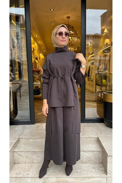 QOOQ STORE 27FW208 Bağcık Detay Kadın Takım Kahve