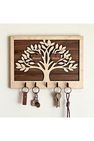 ISLA HOME Kişiye Özel Ahşap Anahtar Askılığı | 25x18 cm İsimli Aile Ağacı Duv...