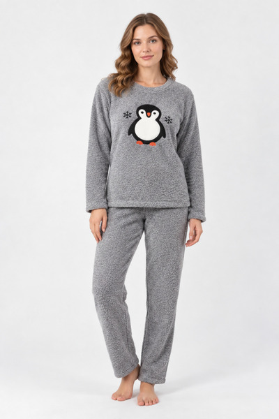 CHARME Pijamale damă cocolino gri deschis cu imprimeu pinguin